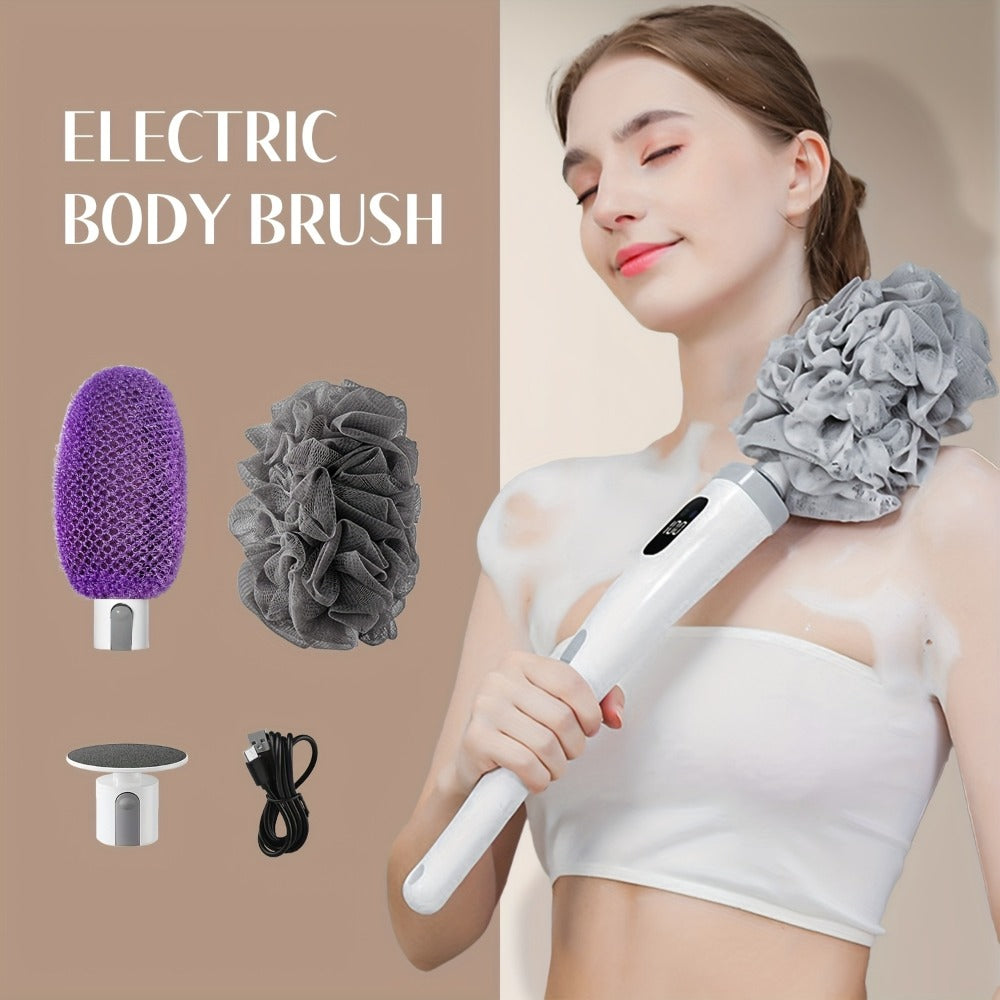Electric Body Scrubber Brush 3 Replaceable Heads Dual Speed Shower Back Cleaner Exfoliating Skin Cleansing Massage African Bath Sponge Long Handle for Women Men Home Spa Daily Use