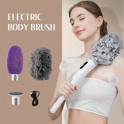 Electric Body Scrubber Brush 3 Replaceable Heads Dual Speed Shower Back Cleaner Exfoliating Skin Cleansing Massage African Bath Sponge Long Handle for Women Men Home Spa Daily Use