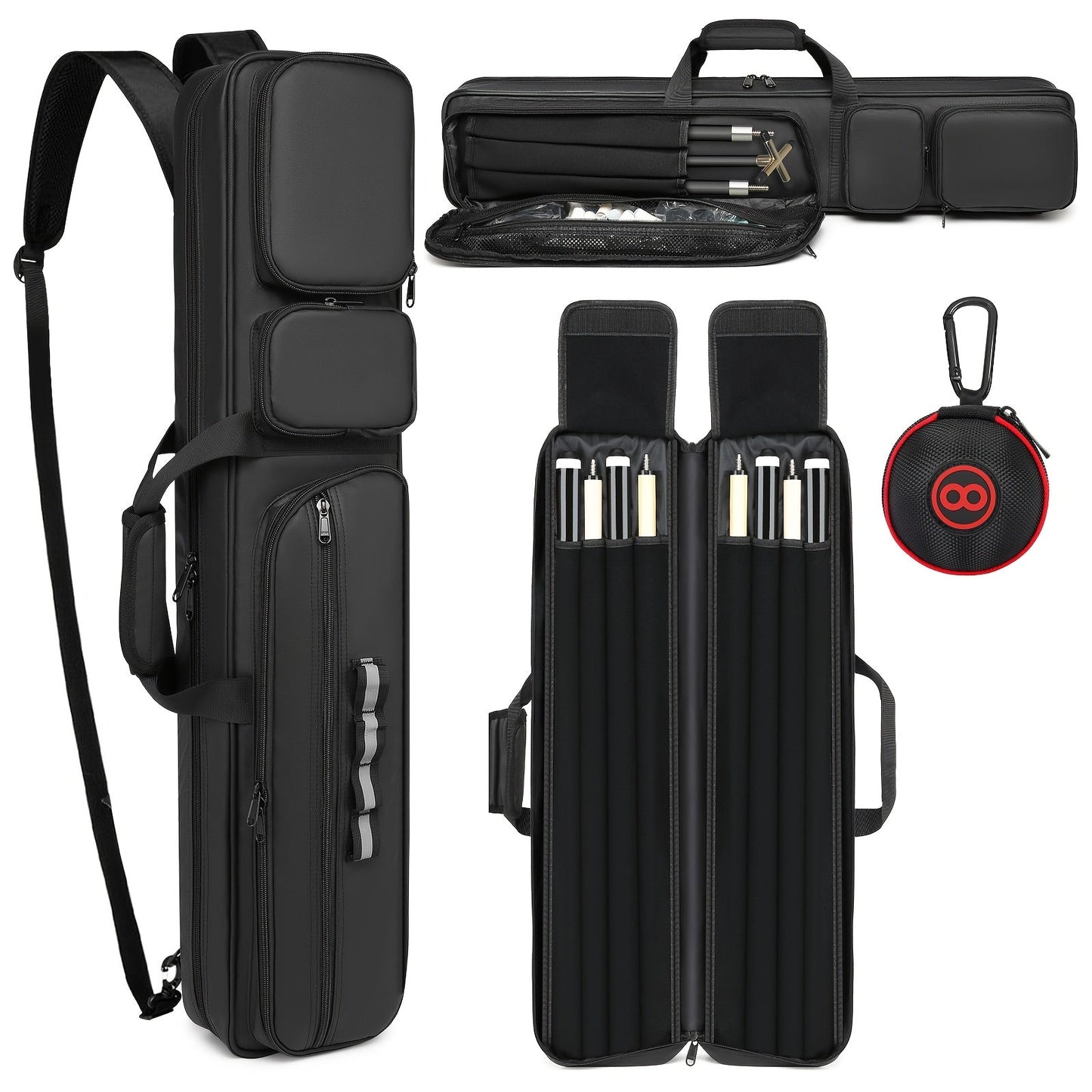 Black Billiard Cue Carrying Case with Backpack Straps, Top Handle and Front Accessory Pockets