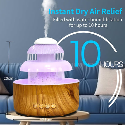 Humidifier Rain-Sound Model with Eight-Color Night Light, 10-Hour Runtime and Water-Soluble Oil Compatibility