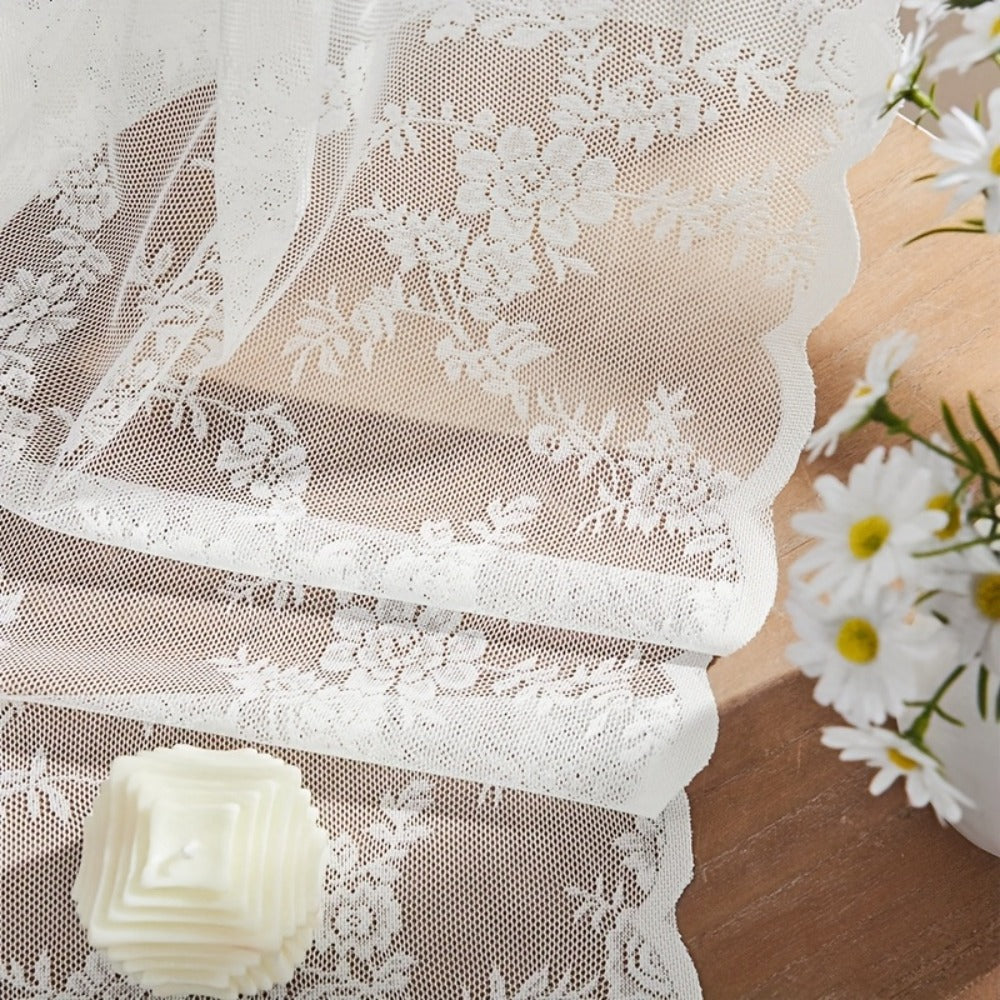 Two-Panel Floral Lace Window Curtain Set with Rod-Pocket Top, Three Colors and Six Metric Size Options