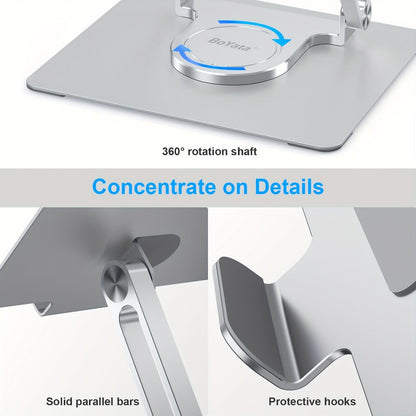 Rotating Laptop Stand with 360-Degree Swivel Base, Foldable Metal Riser in Silver or Black