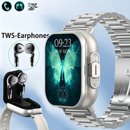 Smart Watch and TWS Earbuds Combo with Integrated Charging Case and Ten Metal Strap Selections