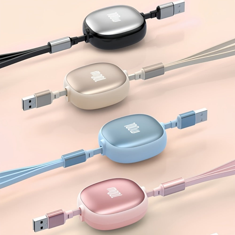 1.2m Retractable Charging Cable with Type-C, Micro USB and Lightning Ends in Six Color Options