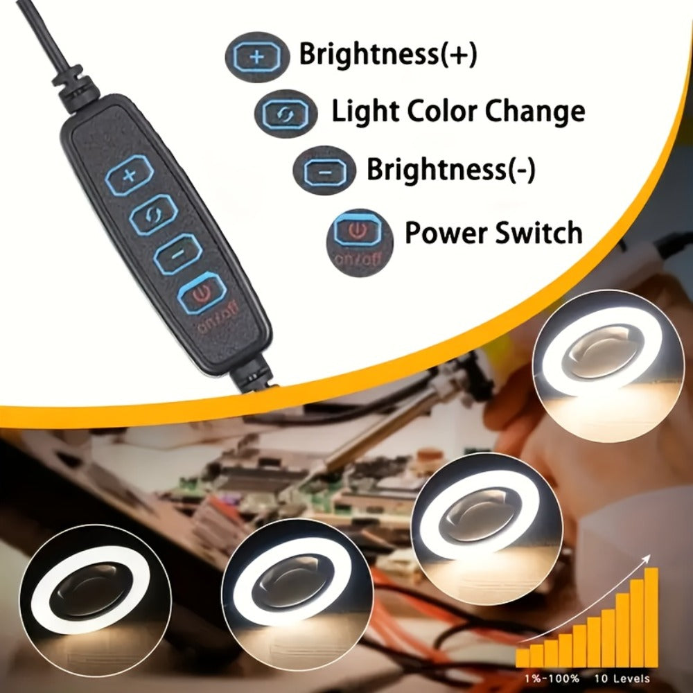 7.87-Inch LED Ring Light with Articulating Desk Clamp Arm, Phone Holder and USB Inline Control