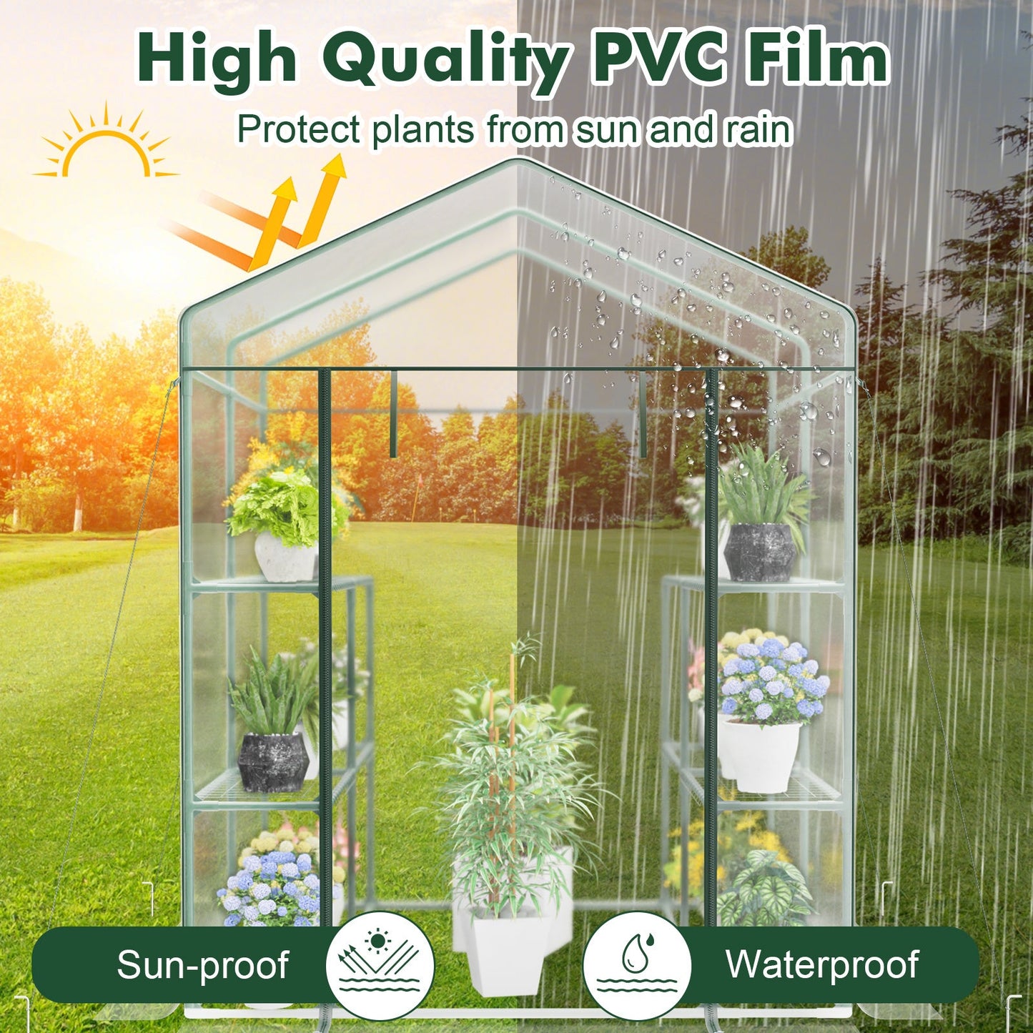 55 x 57 x 77-Inch Walk-In Greenhouse with Transparent Cover, Roll-Up Door and Eight Side Shelves