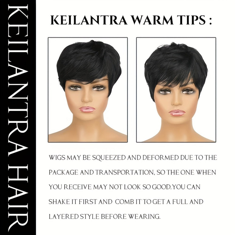 Human Hair Pixie Cut Wig with Bangs Glueless 180% Density Straight Black 6 Inch Rose Net Cap Machine Made Wig for African American Women