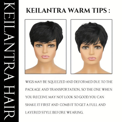 Human Hair Pixie Cut Wig with Bangs Glueless 180% Density Straight Black 6 Inch Rose Net Cap Machine Made Wig for African American Women