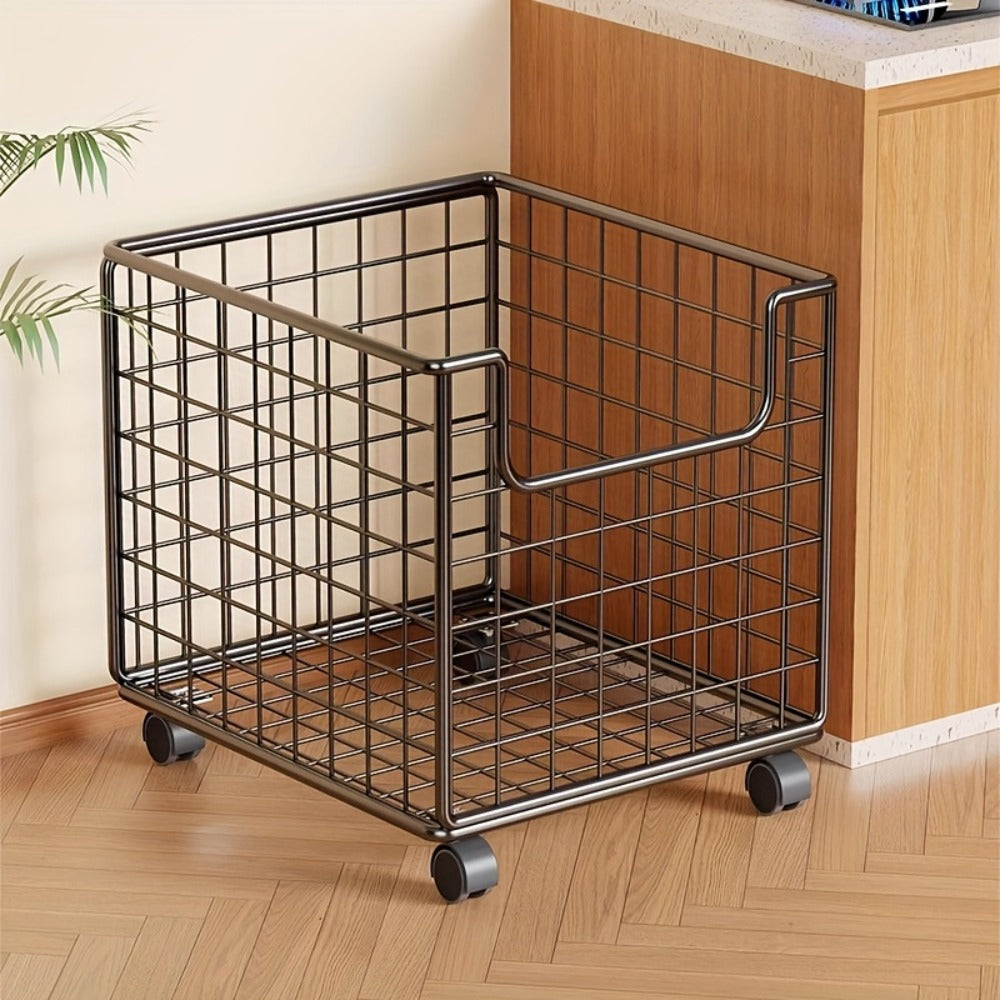 Rolling Metal Storage Basket with Wheels – Multifunctional Wire Organizer Cart for Laundry Room, Bathroom, Kitchen & Closet, Open Shelf Bin, No Lid, Home Organization Storage Basket