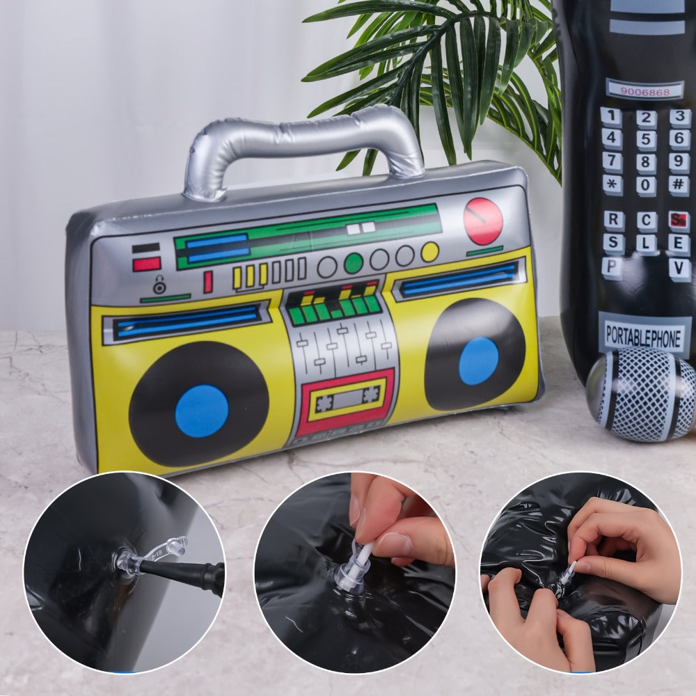 Inflatable Retro Party Props, 3-Piece Boombox, Microphone and Phone Set for 1980s Photo Booth Decor