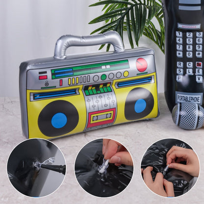 Inflatable Retro Party Props, 3-Piece Boombox, Microphone and Phone Set for 1980s Photo Booth Decor