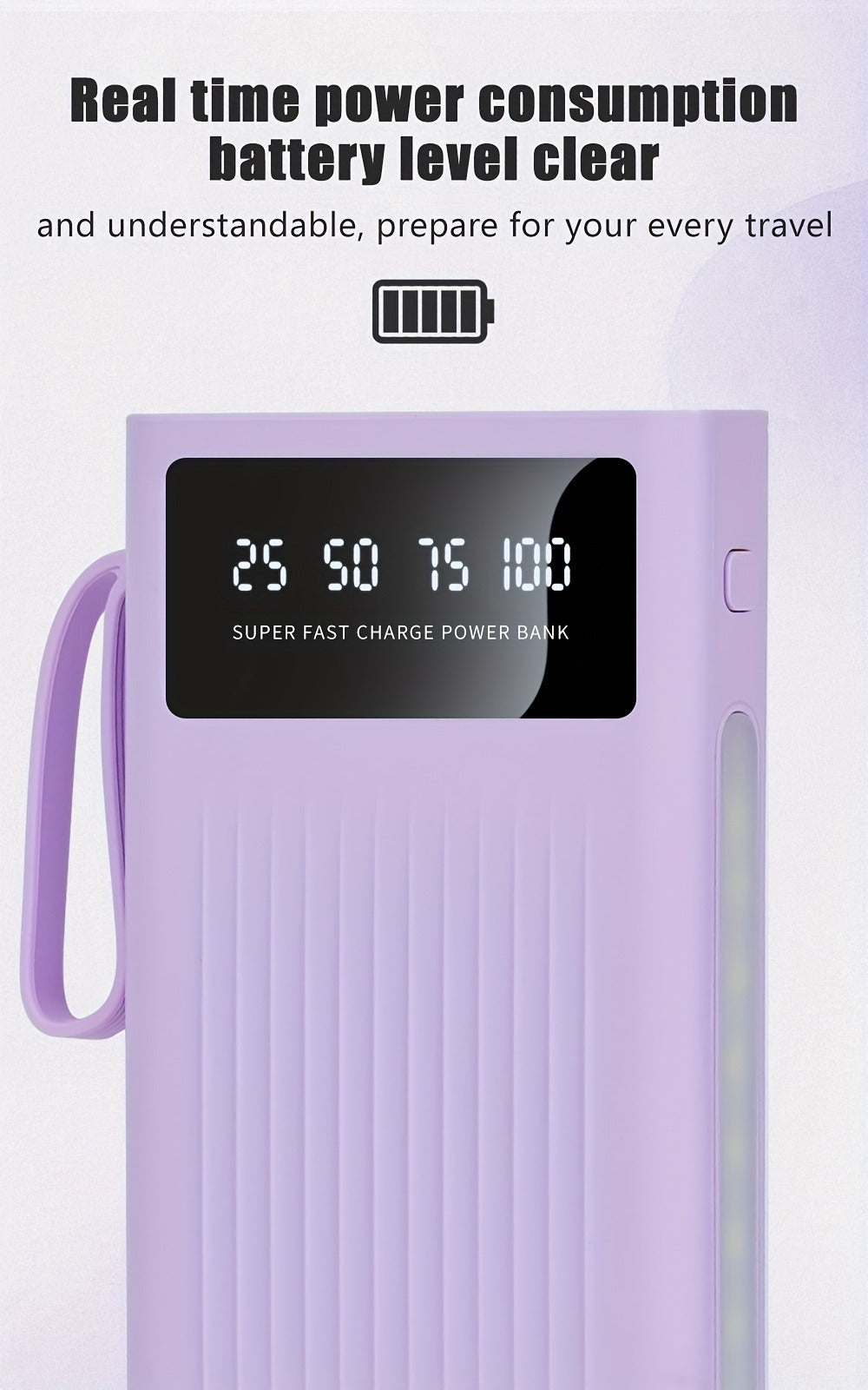 Power Bank 10000-30000mAh with 15W Charging, Four-in-One Cable and Four-Mode Camping Light