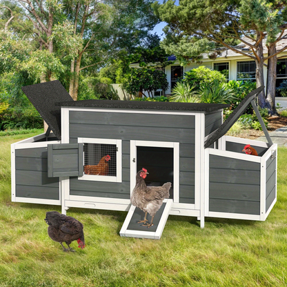Wooden Hen House with 67in Frame, Two Nest Boxes, Ramp and Gray or Brown Two-Tone Outdoor Finish
