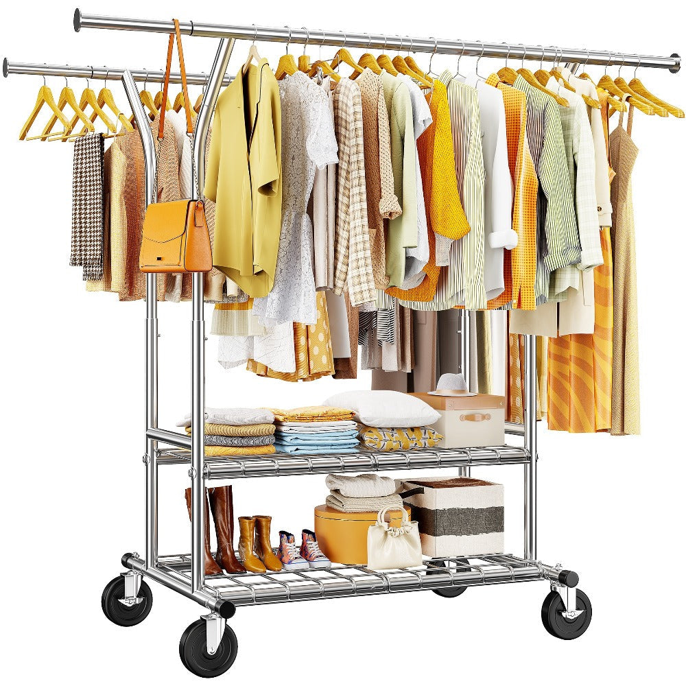Double-Rod Rolling Garment Rack with Telescoping Extensions, Two Wire Shelves and 74.6-Inch Width