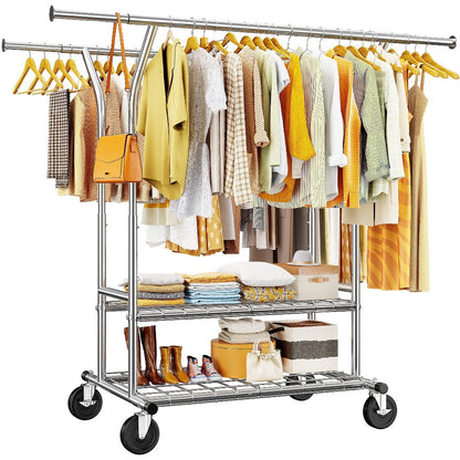Double-Rod Rolling Garment Rack with Telescoping Extensions, Two Wire Shelves and 74.6-Inch Width