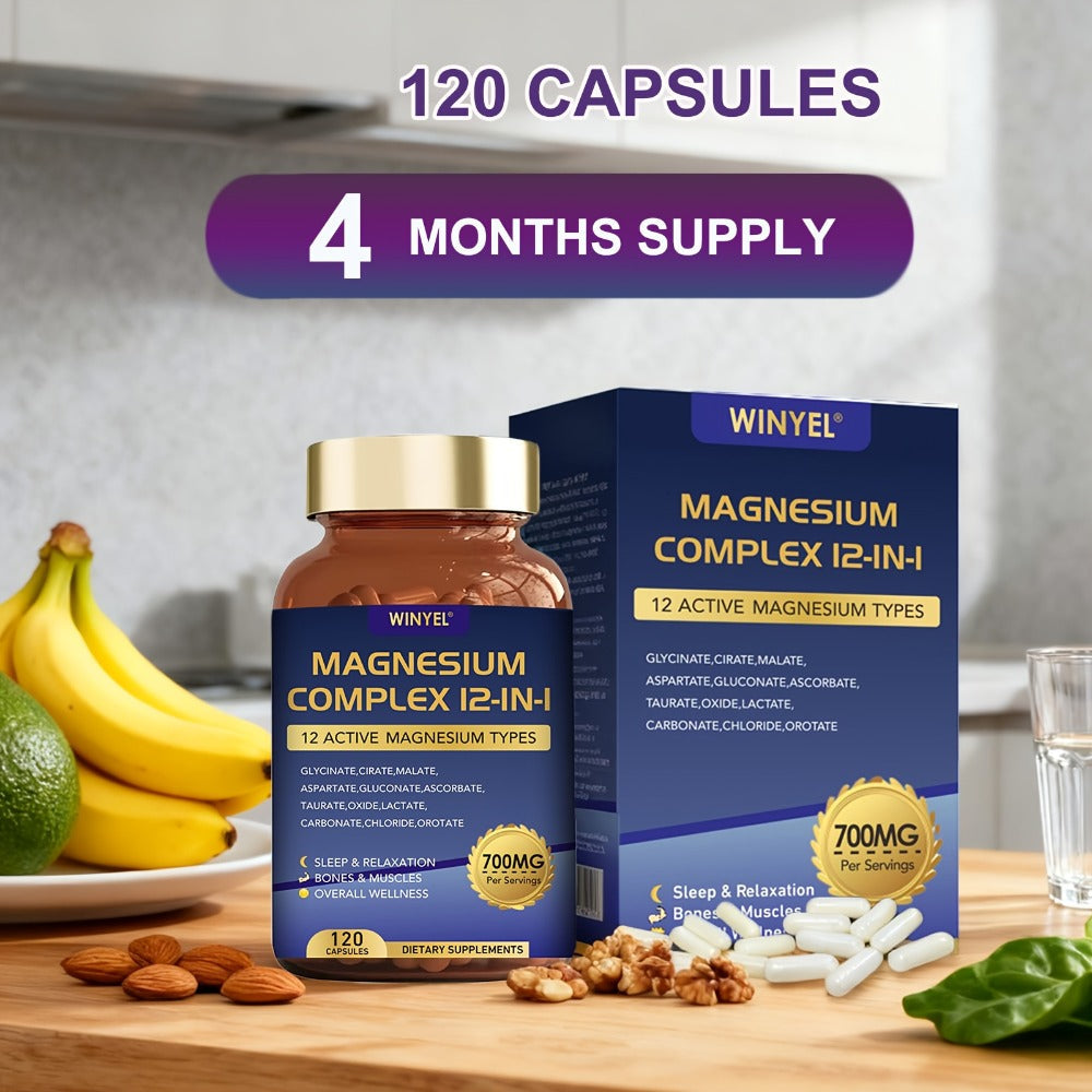 Magnesium Complex 700mg 12-in-1 120 Capsules with Glycinate, Citrate, Malate & Taurine for Sleep, Mood, Nerve, Heart & Muscle Function Support for Men & Women