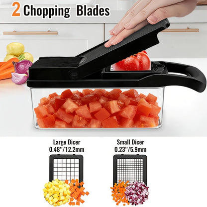 18-in-1 Vegetable Chopper and Mandoline Slicer with Clear Container, Eight Metal Blade Inserts and Hand Guard