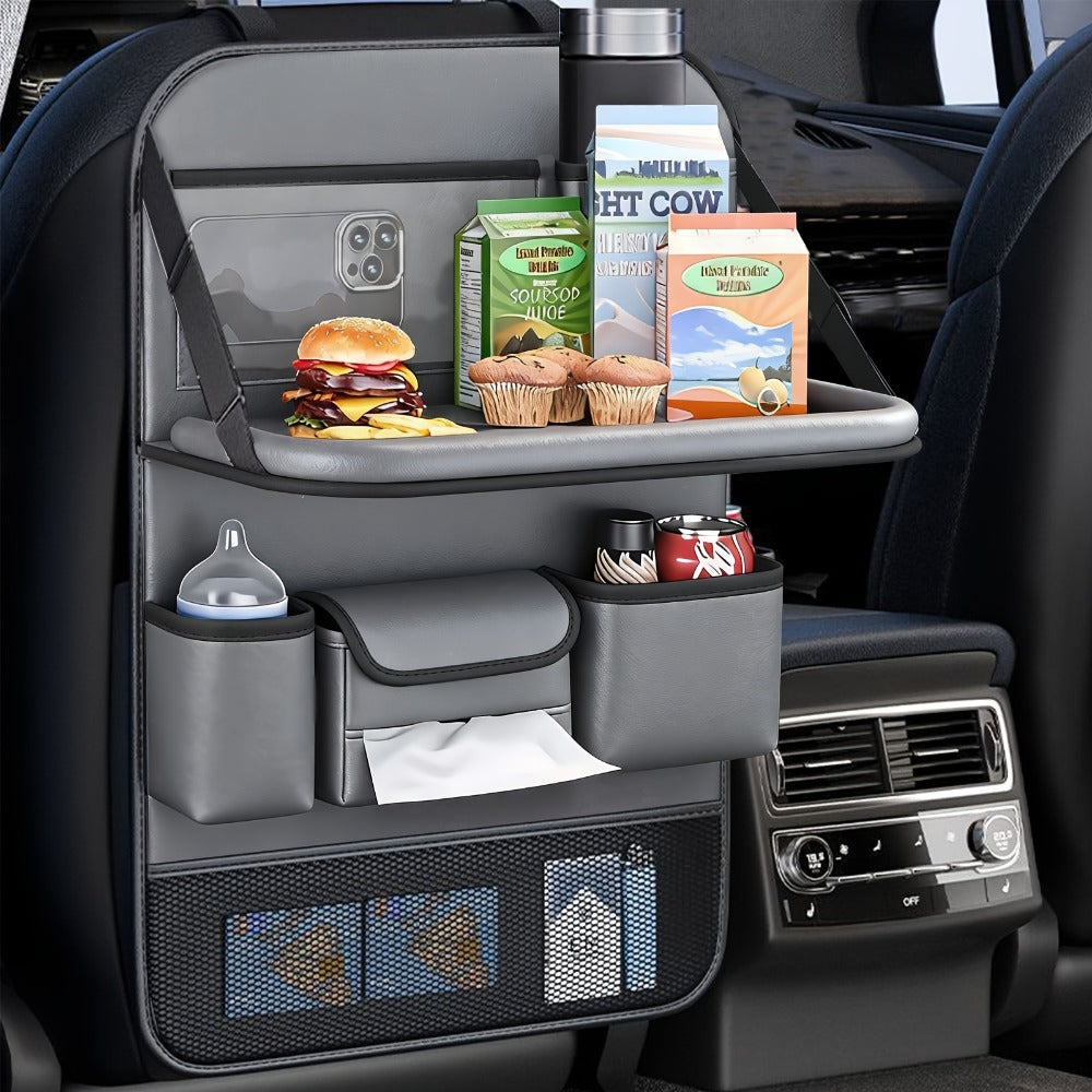 Car Seat Back Organizer PU Leather - Foldable Dining Table, Cup Holder, Multi-Pocket Storage Bag, Universal Fit Back Seat Travel Organizer for Kids & Passengers, 1pc or 2pc Set