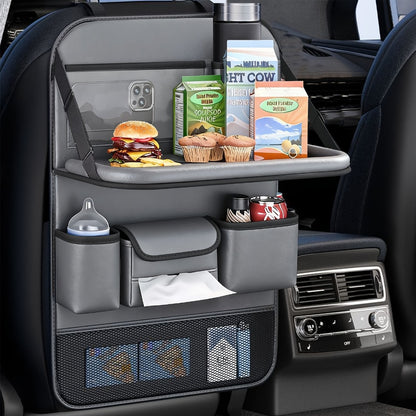 Car Seat Back Organizer PU Leather - Foldable Dining Table, Cup Holder, Multi-Pocket Storage Bag, Universal Fit Back Seat Travel Organizer for Kids & Passengers, 1pc or 2pc Set