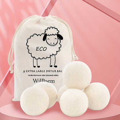 Six-Piece XL Wool Dryer Ball Set with Drawstring Storage Bag and 2.75-Inch White Felted Balls