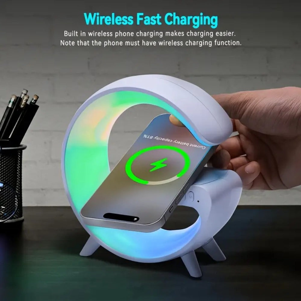G-Shaped RGB Wireless Charging Lamp with Alarm Clock, Bluetooth Speaker and Black or White Finish