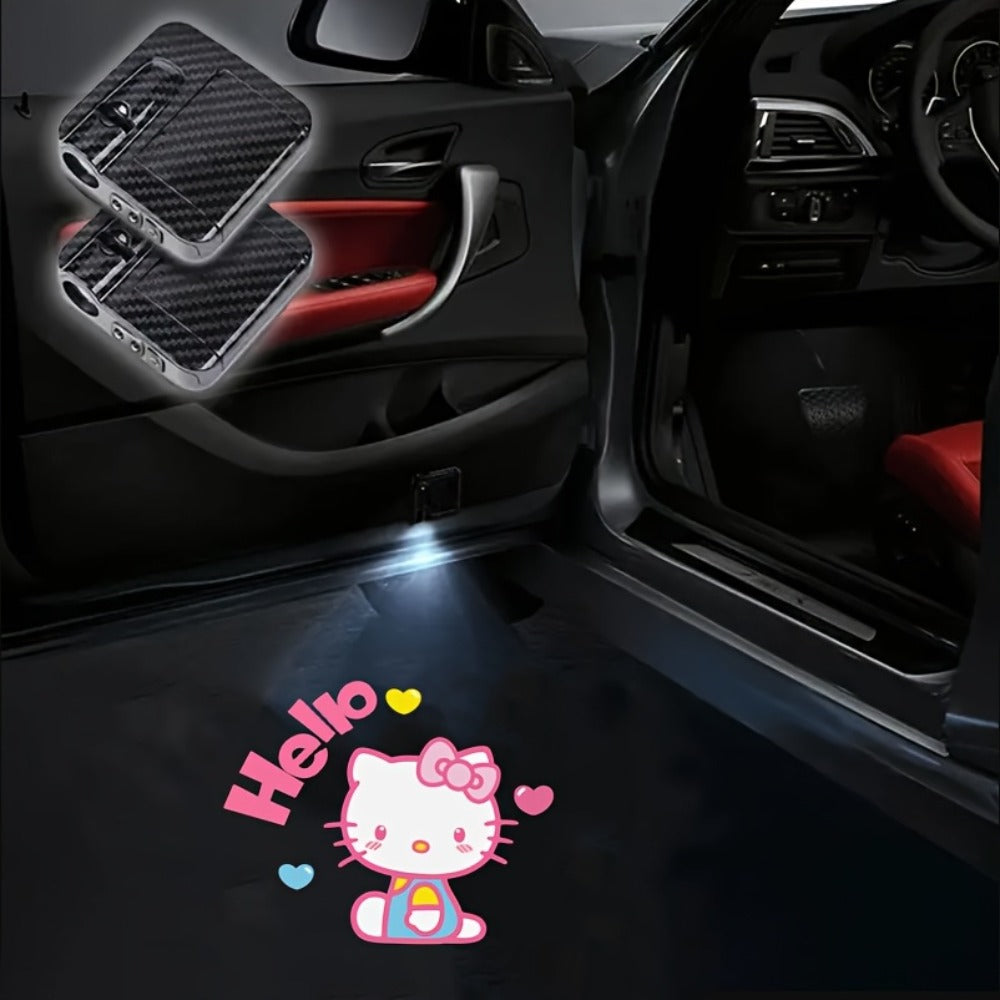 Car Door LED Projector Lights – Hello Kitty Cartoon Shadow Light, Wireless Puddle Light, Ground Projection Lamp for Car Accessories (Set of 2, No Battery)