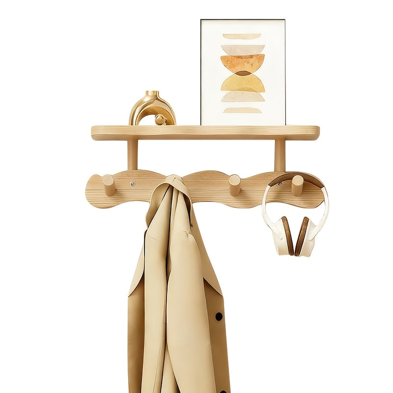 Coat Rack Wall Mounted Wood-and-Metal Organizer with Upper Shelf and 4 or 8 Hooks for Entryway Storage