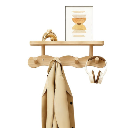 Coat Rack Wall Mounted Wood-and-Metal Organizer with Upper Shelf and 4 or 8 Hooks for Entryway Storage