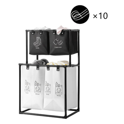 Two-Tier Laundry Sorter Hamper with Upper Compartments, Four Removable Lower Bags and Elevated Frame