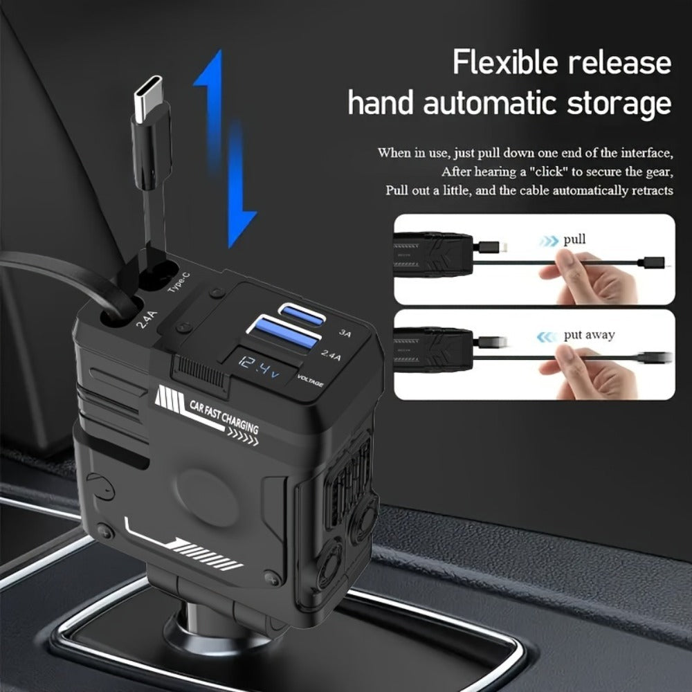 Dual Retractable Cable Car Charger 4-in-1 with Lightning & Type-C 31in, 2 USB-A Ports & Voltage Supervision – Tangle-Free Fast Car Phone Charger for iPhone Samsung Android, Multi Port Car Charging Adapter 4 Colors