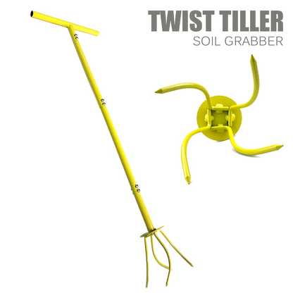 Manual Twist Tiller with Four Curved Soil Claws, Three-Section T-Handle and Yellow or Orange Options
