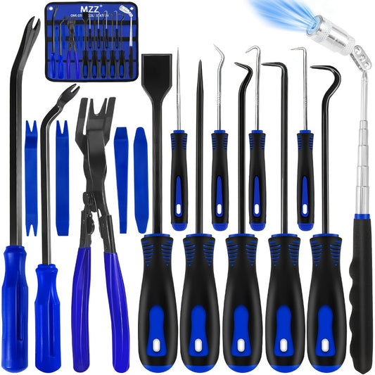 Car Trim Removal Tool Kit 17-Piece – Hook & Pick Set, Clip Removal Plier, Rivet Puller, Scraper & Telescoping Magnetic Pickup Automotive Hand Tools Blue