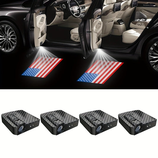 LED Door Projector Lights 4pcs American Flag Logo Wireless Car Door Step Welcome Shadow Light Universal Fit All Car Brands Battery Powered Ground Projection Puddle Lamp