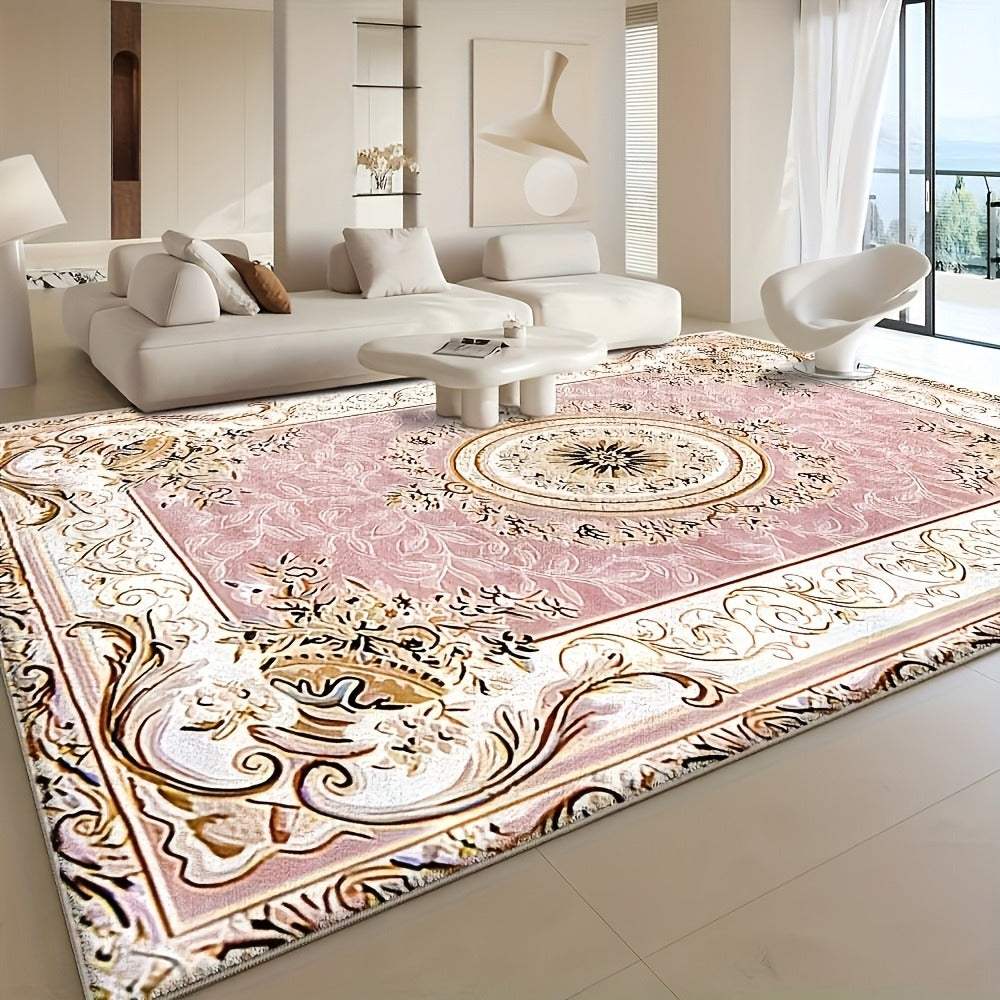 Area Rug 852 GSM Velvet Floral Check Design with Low Pile and Five Machine-Washable Room Sizes