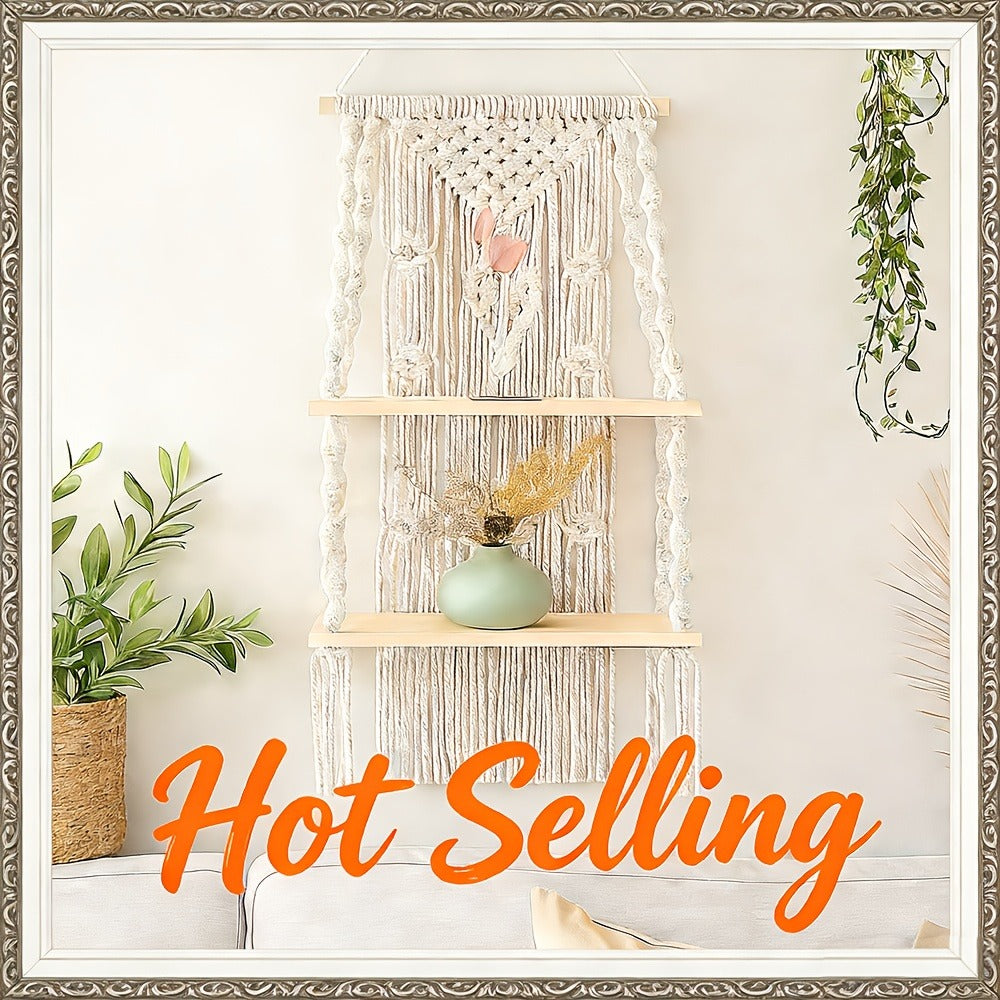 Macrame Wall Hanging with Tassel, Boho Woven Wall Decor for Living Room Bedroom Balcony, Two-Layer Lace Plant Hanger for Photo Frames & Small Plants – Bohemian Home Decor Wall Art