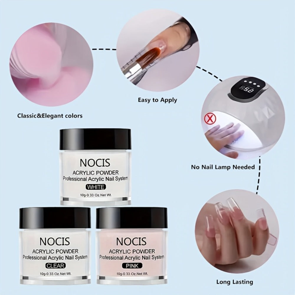 Acrylic Nail Powder Liquid Monomer Kit 3 Colors Clear White Pink Extension Set with Nail Art Brush for Nail Extensions 3D Carving Overlay French Manicure - Beginner Professional Nail Gift Set