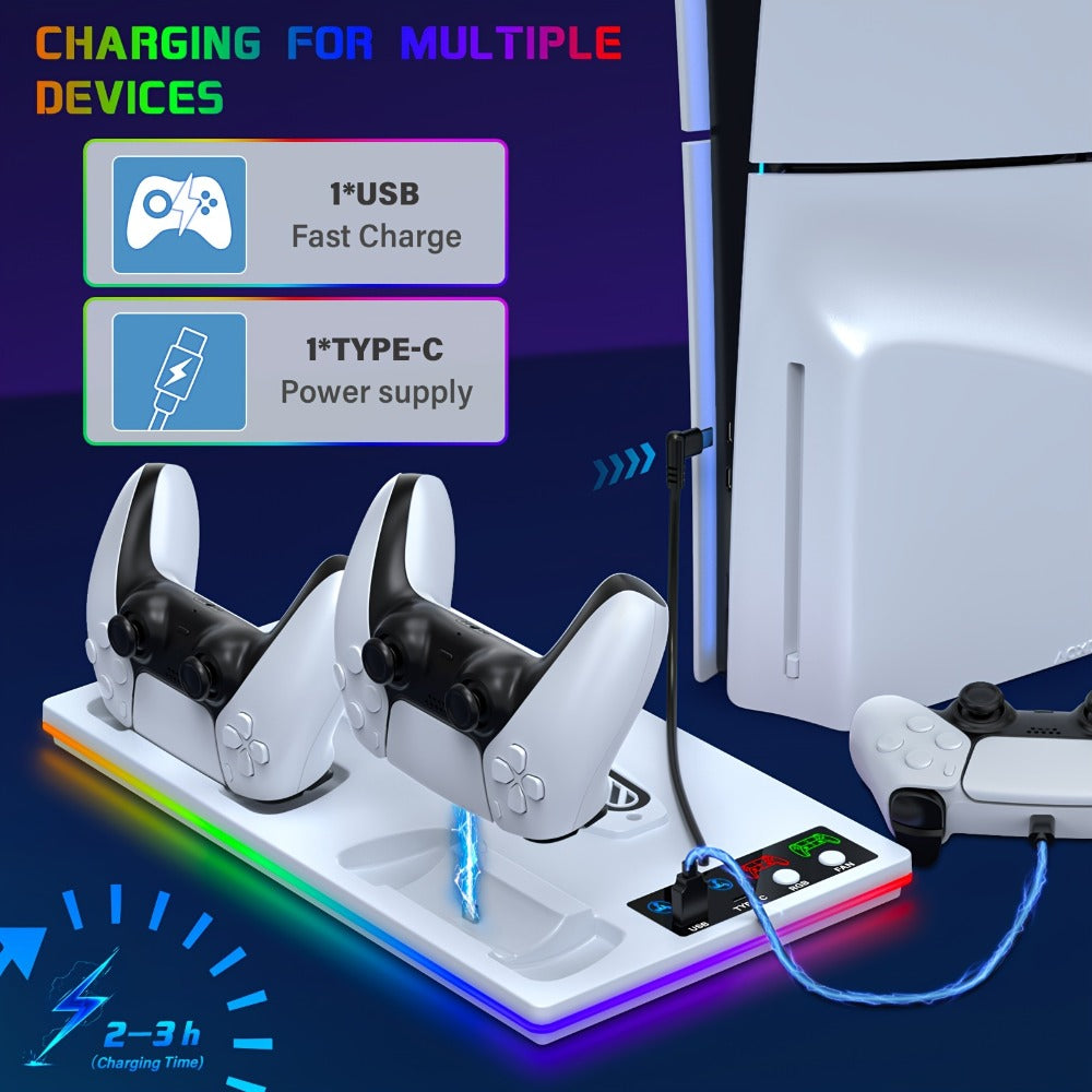 10 RGB Lights PS5 Cooling Stand with 3-Level Fan, Dual Controller Charging Station, USB Hub & Type-C Port – Compatible with PS5 / PS5 Slim / PS5 Pro Standard & Disc/Digital Edition