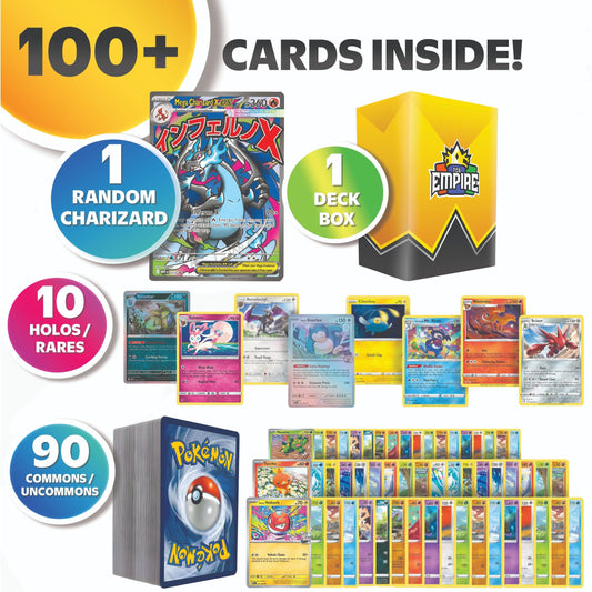 Charizard Guaranteed Pokemon Bundle – 100 Cards with 1 Charizard Rare Card Guaranteed | 10 Holos & Rares | TCG Storage Box Included | Gift for Kids & Collectors Ages 6+
