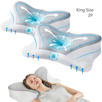 Memory Foam Cervical Pillow Ergonomic Contour Neck Support Orthopedic Bed Pillow for Side Back Stomach Sleepers with Cooling Pillowcase Queen King