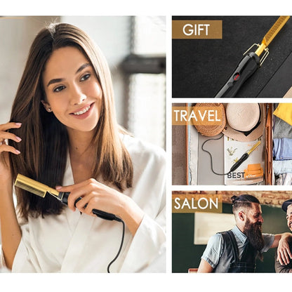 Electric Hot Comb Hair Straightener – 3-in-1 Ceramic Pressing Comb for Natural Hair, Beard & Wigs, Curling & Straightening Iron with Protective Holder, Bonus 2 Clips & 1 Comb, Gift Ready