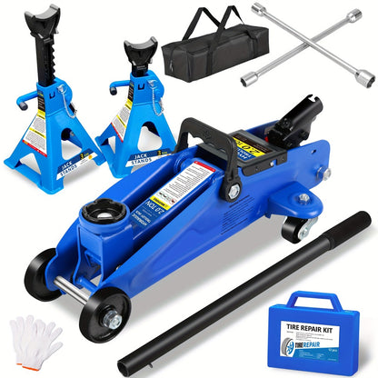 Hydraulic Floor Jack Kit 2/2.5/3 Ton Low Profile Trolley Jack with Jack Stands, Tire Repair Kit, Wheel Wrench & Wheel Chock Combo - Red/Blue