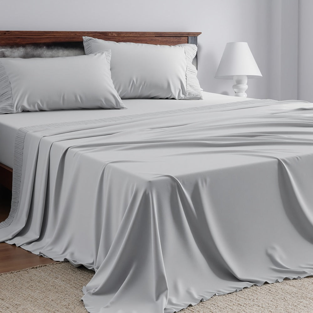 Sheet Set, Four-Piece Solid-Color Bedding with Deep-Pocket Fitted Sheet, Flat Sheet and Two Pillowcases