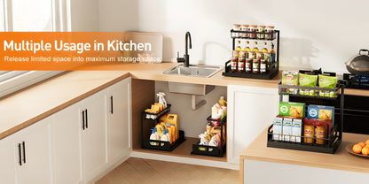 Two-Tier Pull-Out Cabinet Organizer with Upper and Lower Sliding Trays in Grey, Black or White Package Options