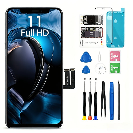 iPhone 11 Screen Replacement Kit LCD Touch Digitizer Assembly 6.1 Inch – DIY Repair Set with Tools Magnetic Screw Mat Tempered Glass Frame Adhesive, Black Display A2111 A2221 A2223 Face ID Compatible