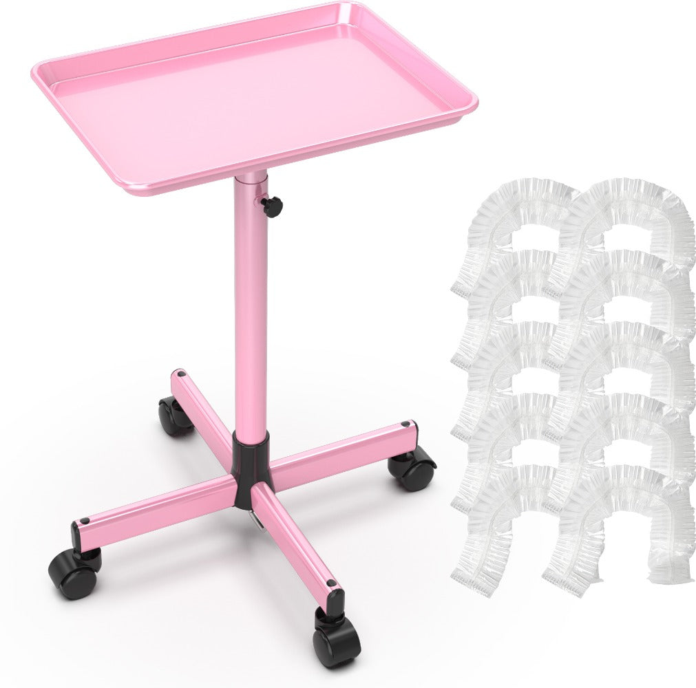 Adjustable Salon Tray Cart with 10 Disposable Covers and Gold or Pink Finish on Rolling Casters