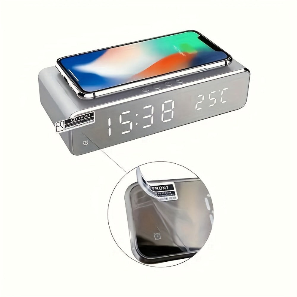 Wireless Charging Alarm Clock with Black or Silver-Tone Housing, Digital Time Display and Top Charging Surface