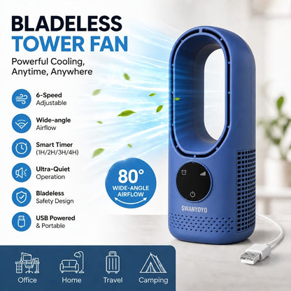 Portable Bladeless Fan USB Tower Fan, Desktop Air Conditioner Fan with Water Mist Cooling, Remote Control, Touch Screen, 7-Color LED Ambient Light and Timer, Personal Cooling Fan for Office, Travel, Camping, Home