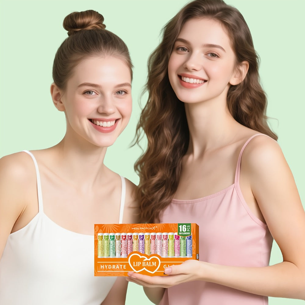 Lip Balm 16-Piece Assorted Flavor Set with Glossy Twist-Up Tubes and Orange Display Box Packaging