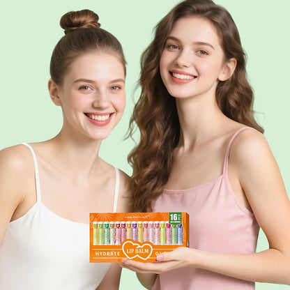 Lip Balm 16-Piece Assorted Flavor Set with Glossy Twist-Up Tubes and Orange Display Box Packaging