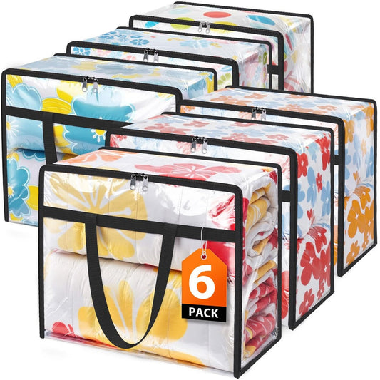 6 Pack Clear Storage Bags with Zippers – Under Bed & Closet Organizer Containers for Comforter Blanket Bedding Duvet PVC 15.85gal